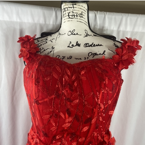 Off The Shoulder Lace Adorned Bodice Evening Dress - Picture 5 of 9